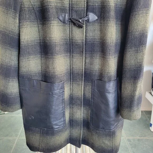 LAST CALL -Weatherproof Green Plaid Vegan Leather Mid Length Coat (Size: L) - Picture 16 of 16